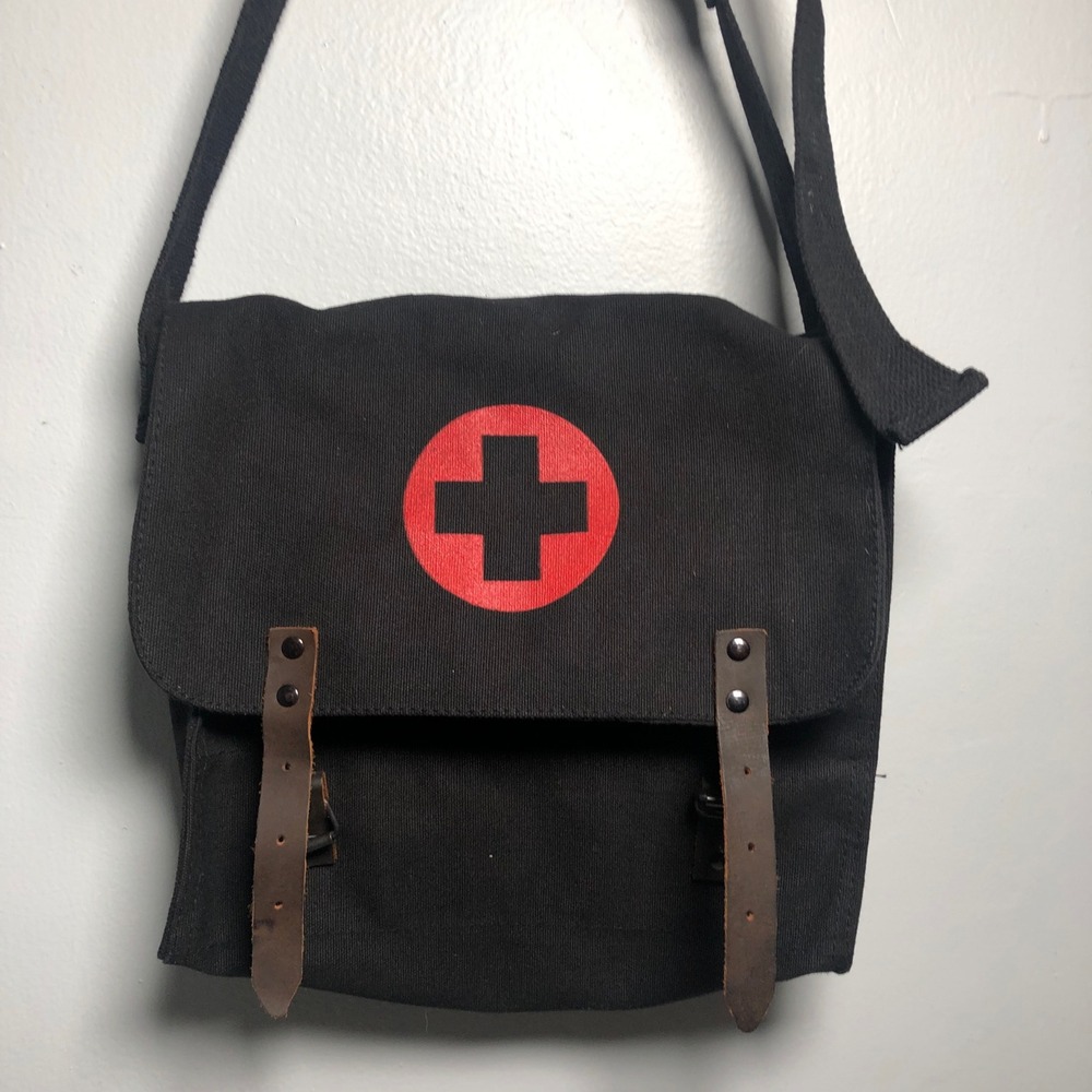 Rothco Messenger Bag Black Red Medic Cross Canvas Leather Straps
